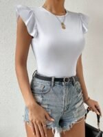 Ruffle Trim Crew Neck Top, Versatile Solid Color Slim Top For Spring & Summer, Women'S Clothing - Image 4