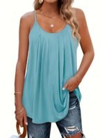 Plus Size, Women'S Casual Loose Fit Ruched Sleeve Round Neck Tank Top - Beige Breathable Stretchy Blouse For Spring/Autumn, Machine Washable - Image 2