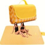 Extra Large Outdoor Camping Blanket & Picnic Mat - Heavy-Duty Portable All-Weather Gingham Checkered Design In Yellow & White, Lightweight & Sturdy With Carry Handle, 198.12Cm X 149.86Cm/198.12Cm X 198.12Cm/149.86Cm X 99.06Cm For Beach, Backyard, Travel, Indoor/Outdoor Use - Ideal For Family Games, Bbqs, Sports - Easy-Clean Durable Mat For Men & Women, Hand Washable, Vibrant Colors, Versatile For Camping, Camping Equipment And Accessories, Portable Picnic Mat,