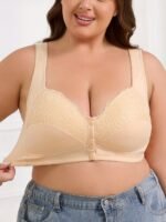 Plus Size Women'S Front Closure Wire-Free Contrast Lace Bra - Jacquard & Lace Trim, Non-Removable Padded Cups, Minimalist Everyday Comfort For Autumn Winter, Elegant Lingerie, Soft Fabric Construction - Image 7