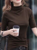 8077 Casual High Neck Solid Color T-Shirt For Women - Polyester Knit Fabric, Regular Fit, Spring/Fall Season - Image 3