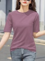 Women'S Elegant Solid Color Crew Neck T-Shirt, Short Sleeve Casual Summer Top, Lightweight Polyester Fabric, Regular Length, No Stretch, For Casual Attire - Image 2