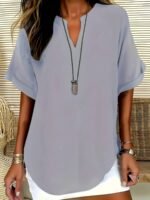 Elegant Plus Size Women'S V-Neck Short Sleeve Blouse - Light Gray, Casual & Stylish For Spring/Summer, Relaxed Fit With Half-Sleeve Design, Casual Wear | Relaxed Fit Top | Stylish Necklin - Image 2