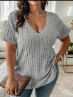 Plus Size V-Neck Casual Elegant Women'S Top - Stretchy Fabric, Machine Washable, All-Season Versatile Blouse For Everyday & Formal Wear, Ribbed Texture, Medium Elasticity - Image 4