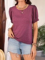 Crew Neck Solid T-Shirt, Elegant Ruched Short Sleeve Top For Spring & Summer, Women'S Clothing - Image 10