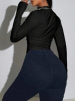 Side Ruched Asymmetrical Hem T-Shirt, Sexy Mock Neck Slim-Fit Long Sleeve Top For Spring & Fall, Women'S Clothing - Image 8