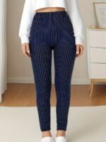 Women'S High Waist Striped Polyester Spandex Leggings, Casual Stretchy Cropped Skinny Pants, Knit Fabric, For All-Season Comfort, Weekend Casual Wear - Image 8
