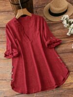 Plus Size Women'S New Shirt In Minimalist Style With V-Neck And Long Sleeves, Faux Button Design - Image 8