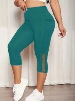 Plus Size Mesh Seven-Split Pants With Pockets, High-Waisted Tummy Control Workout Running Yoga Leggings, Women'S Sportswear - Image 10