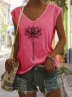 Lotus Print V Neck Tank Top, Cap Sleeve Casual Top For Summer & Spring, Women'S Clothing - Image 6