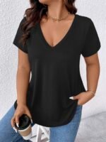 Women'S Elegant V-Neck Short Sleeve T-Shirt - Soft Stretch Fabric, Machine Washable, Solid Color Casual Top For Spring Summer Fall, Seasonal Fashion, Versatile Clothing, Nontransparent Material - Image 9