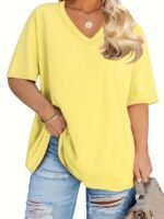 Women'S Plus Size Casual V-Neck T-Shirt, Polyester 95.0% Spandex 5.0%, Solid Color Knit Fabric, Retro Vacation Style Short Sleeve Tee For Spring/Summer, Ladies T Shirts - Image 4