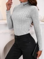 Solid Turtle Neck Rib Knit Top, Elegant Slim Long Sleeve Simple Sweater, Women'S Clothing - Image 2