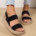 Women'S Summer Wedge Sandals, Solid Color Open Toe Elastic Strap Slip On Shoes, Casual Outdoor Beach Sandals - Image 5