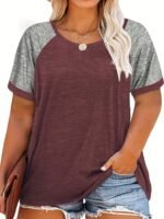Plus Size - Plus Size Women'S Summer T-Shirt - Color Block Raglan Short Sleeve Loose Fit Casual Top, Vibrant Pink & Gray, Round Neck, Lightweight & Breathable For Spring/Summer Outfits, Ladies T Shirts - Image 5