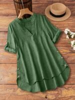 Plus Size Casual V-Neck Sleeveless Blouse With Fake Buttons - Beige, Asymmetrical Hem, Long-Sleeve, Non-Stretch Fabric, Perfect For Spring/Summer, Casual Attire|Vneck Blouse|Asymmetrical Hemline, Plus Size Shirts - Image 3