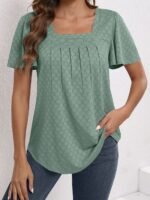 Plus Size Women'S Square Neck Ruffle Sleeve Top - Breathable Eyelet Cut-Out Fabric, Unique Chest Pleat Design, Elegant Fashion For Spring Summer Fall, Formal & Casual Wear, Casual Wear Top | Pleated Detail Top | Stretchy Fabric Top, Ladies T Shirts - Image 7