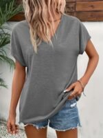 Plus Size V Neck Solid Simple T-Shirt, Casual Short Sleeve Top For Spring & Summer, Women'S Plus Size Clothing - Image 3