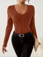 V Neck Slim Ribbed T-Shirt, Elegant Solid Long Sleeve Top For Spring & Fall, Women'S Clothing - Image 2