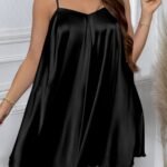 Women'S Plus Size Sexy V-Neck Night Dress, Solid Color Polyester With Elastane, Cross Strap Back, Woven Fabric, Lightweight 90G/M?, For Spring/Summer/Fall - Slight Stretch Design