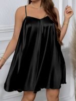 Women'S Plus Size Sexy V-Neck Night Dress, Solid Color Polyester With Elastane, Cross Strap Back, Woven Fabric, Lightweight 90G/M?, For Spring/Summer/Fall - Slight Stretch Design