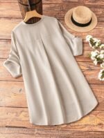 Plus Size Casual V-Neck Sleeveless Blouse With Fake Buttons - Beige, Asymmetrical Hem, Long-Sleeve, Non-Stretch Fabric, Perfect For Spring/Summer, Casual Attire|Vneck Blouse|Asymmetrical Hemline, Plus Size Shirts - Image 5