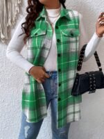 Plus Size Plaid Pattern Button Front Vest, Casual Sleeveless Flap Detail Gilet Jacket For Fall & Spring, Women'S Plus Size Clothing - Image 7