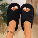 Women'S Cozy Plush Slides - Soft Beige Fleece Lining, Eva Sole, Classic Striped Design, Comfortable Indoor Shoes For All Seasons, Perfect Gift Idea, Indoor Slippers | Classic Striped Slides | Eva Sole Slippers - Image 7