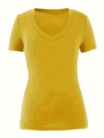 Plus Size Casual V-Neck T-Shirt For Women - Polyester Blend With 95% Polyester & 5% Spandex, Medium Stretch Knit Fabric, Solid Color, Suitable For Spring/Summer/Fall - Image 10