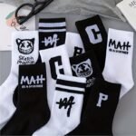 5-Pack Unisex Mid-Calf Socks - Breathable Moisture-Wicking All-Season Athletic Socks With Cartoon Letter Print (C/M/P/Phantom/Sketch) - Black & White Couples Socks For Daily Wear & Sports - Machine Washable, Fluffy Socks, Breathable Fabric - Image 2