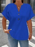 Women'S Light Green V-Neck Blouse With Button Details - Casual Short Sleeve Top For Spring/Summer, Soft Polyester Fabric, Elegant Solid Color Design, Versatile Blouse | Vneck Blouse | Elastane Comfort Fit - Image 9