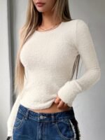 Women'S Cozy Crew Neck Sweater - Soft Long Sleeve Pullover, Solid White, Casual Spring/Fall Top With Button Detail, Perfect For Casual Attire, Sweater Shrug