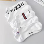 5 Pairs Women'S Breathable & Odor-Resistant Athletic Socks - Low-Cut, Moisture-Wicking, Striped Design, White With Blue, Red, And Black Accents, Perfect For Spring & Summer Sports And Casual Wear, Cute Socks - Image 3
