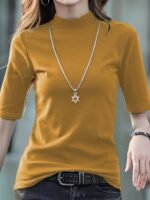 Women'S Casual Stretch T-Shirt - Vibrant Green Solid Color, Stand-Up Collar, High Elasticity, Machine Washable, All-Season Comfort Fit, Cute T Shirts, Versatile Clothing, Pearl Necklace Accent - Image 4