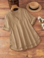 Plus Size Women'S New Shirt In Minimalist Style With V-Neck And Long Sleeves, Faux Button Design - Image 2