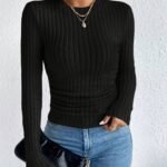Women'S Elegant Ribbed T-Shirt - Solid Black Round Neck Medium Stretch Top, Machine Washable Spring/Summer Casual & Formal Wear, Ladies T Shirts, Everyday Top, Classic Style, Stretchy Fabric, Basic Tee, Office Women