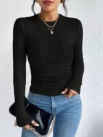 Women'S Elegant Ribbed T-Shirt - Solid Black Round Neck Medium Stretch Top, Machine Washable Spring/Summer Casual & Formal Wear, Ladies T Shirts, Everyday Top, Classic Style, Stretchy Fabric, Basic Tee, Office Women