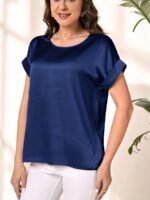 Solid Crew Neck Short Sleeve T-Shirt, Elegant Top For Spring & Fall, Women'S Clothing - Image 7