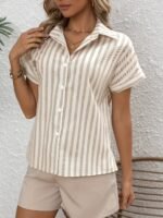 Women'S French Polo Shirt With Batwing Sleeves, Striped Print, 100% Polyester, Regular Length, Button Detail, Woven Fabric, 120G/M?, Spring/Summer/Fall Season - Image 4
