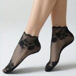 3 Pairs Women'S Summer Sheer Lace Ankle Socks - Black Floral Pattern, Breathable Mesh Fabric, Solid Color Design, Hand Washable, Elegant Footwear Accessories For Casual Attire, Cute Socks - Image 4