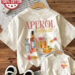 Illustration Style Cocktail Aperol Letter Print T-Shirt, Loose Casual Round Neck Top For Women.