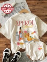 Illustration Style Cocktail Aperol Letter Print T-Shirt, Loose Casual Round Neck Top For Women.