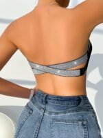 1Pc Women'S Sexy Strapless Backless Bra With Silver Rhinestone Detail, Solid Color, Knit Fabric, Polyamide Material, Adult No Padding Wireless Chest Pad - Image 2