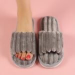 Women'S Solid Color Plush Slippers, Cozy & Warm Open Toe Flat Shoes, Comfortable Indoor Floor Slippers - Image 4