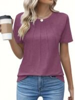 Women'S Casual Summer T-Shirt - Solid Color, Round Neck, Short Sleeve, Comfortable Loose Fit, Dark Blue, Polyester Blend, Machine Washable, Casual Summer Wear | Round Neck Tshirt | Texture - Image 6