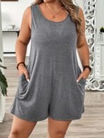 Women'S Plus Size Floral Print Sleeveless Knit Jumpsuit - Gray, Black & White Flower Design, Round Neck, Backless With Pockets, Perfect For Summer Vacations, Casual Outings Attire | Floral Print Jumpsuit | Knit Constructio - Image 9