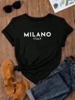 Milano Letter Print Crew Neck T-Shirt, Casual Short Sleeve T-Shirt For Spring & Summer, Women'S Clothing