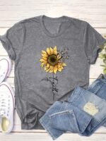 Sunflower Print Short Sleeve T-Shirt, Casual Crew Neck Top For Spring & Summer, Women'S Clothing - Image 3