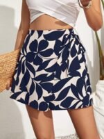 Elegant Short Skirt Pants For Women With Floral Print And Drawstring Elastic Waist.