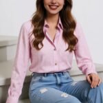 Elegant Striped Button-Up Shirt For Women - Chic Long Sleeve, Lightweight Polyester Blend, Versatile Blue With White Stripes, Ideal For Spring/Summer